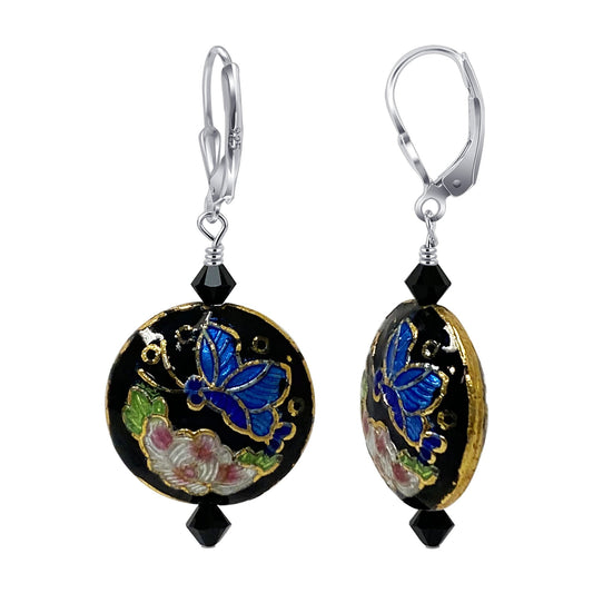 .925 Silver Drop Earrings with Floral Cloisonne Bead and Austrian Crystals