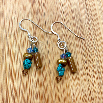 Pearl, Turquoise & Austrian Crystals Sterling Silver Drop Earrings 1.2 inch long - Gem Avenue