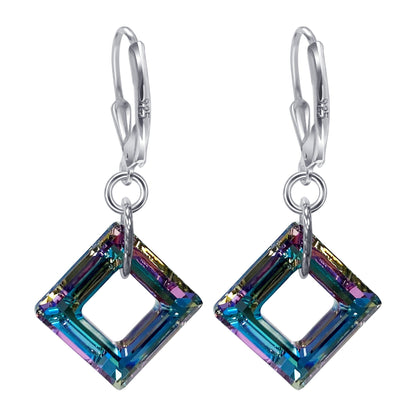 Square Shape Austrian Crystal Handmade Sterling Silver Drop Earrings