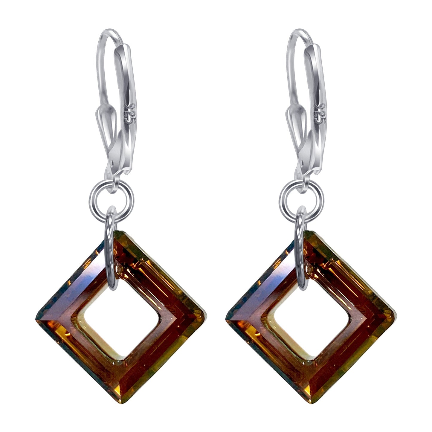 Square Shape Austrian Crystal Handmade Sterling Silver Drop Earrings