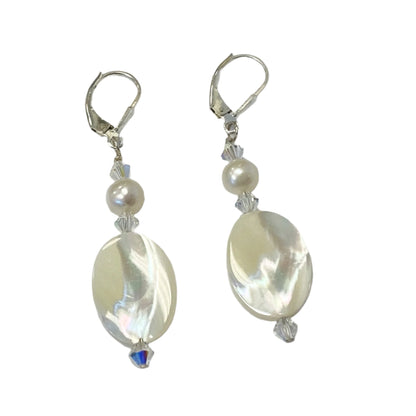 Mother of Pearl with Austrian Crystals 925 Sterling Silver Drop Earrings 1.5 inch long - Gem Avenue