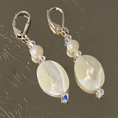 Mother of Pearl with Austrian Crystals 925 Sterling Silver Drop Earrings 1.5 inch long - Gem Avenue