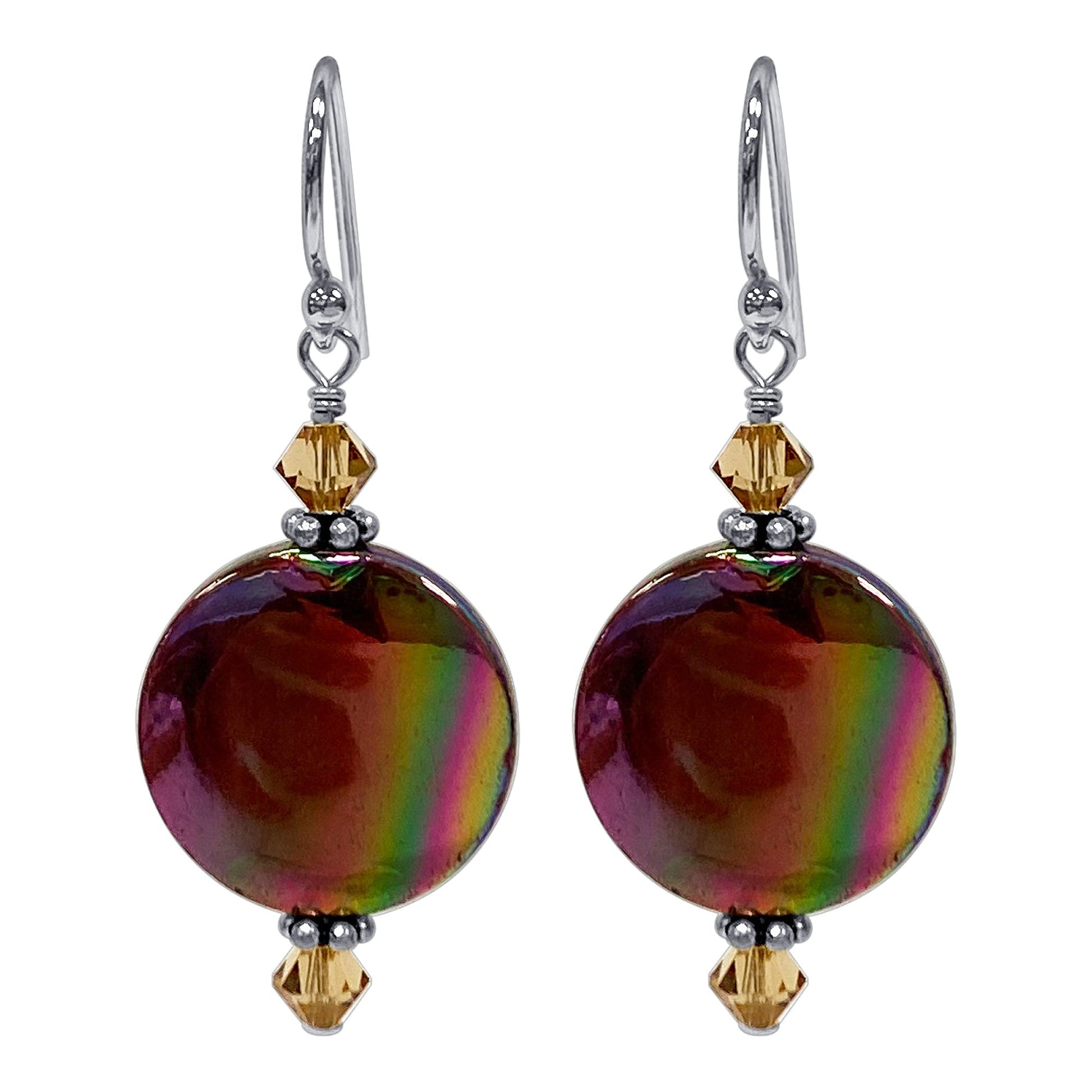 MOP with Yellow Austrian Crystals 925 Sterling Silver Drop Earrings 1.5 inch long - Gem Avenue