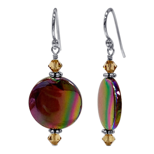MOP with Yellow Austrian Crystals 925 Sterling Silver Drop Earrings 1.5 inch long - Gem Avenue