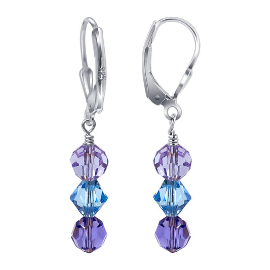 Handmade 925 Sterling Silver Leverback Drop Earrings with Multifaceted Austrian Crystals