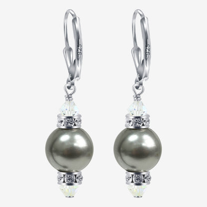 .925 Sterling Silver Drop Earrings with Faux Pearls Austrian Crystals