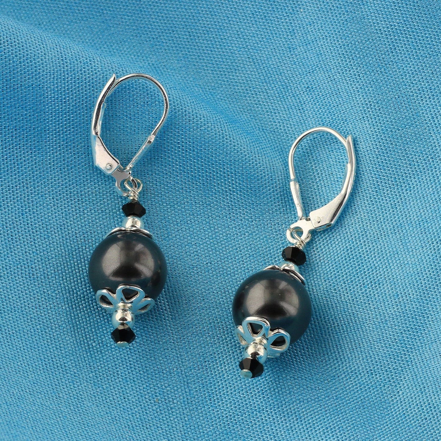 .925 Sterling Silver Drop Earrings with Faux Pearl and Bicone Austrian Crystals