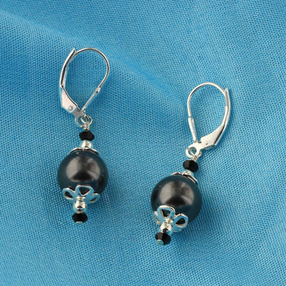 .925 Sterling Silver Drop Earrings with Faux Pearl and Bicone Austrian Crystals
