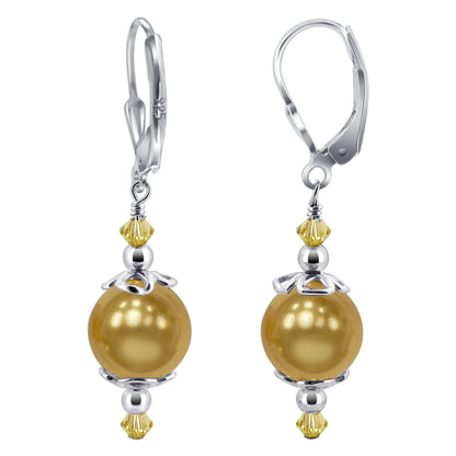 .925 Sterling Silver Drop Earrings with Faux Pearl and Bicone Austrian Crystals