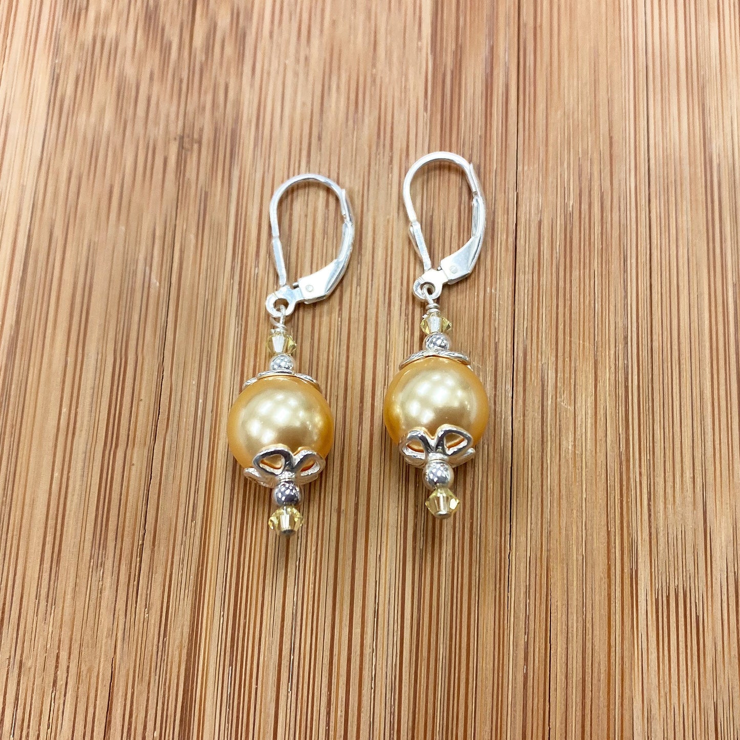 .925 Sterling Silver Drop Earrings with Faux Pearl and Bicone Austrian Crystals