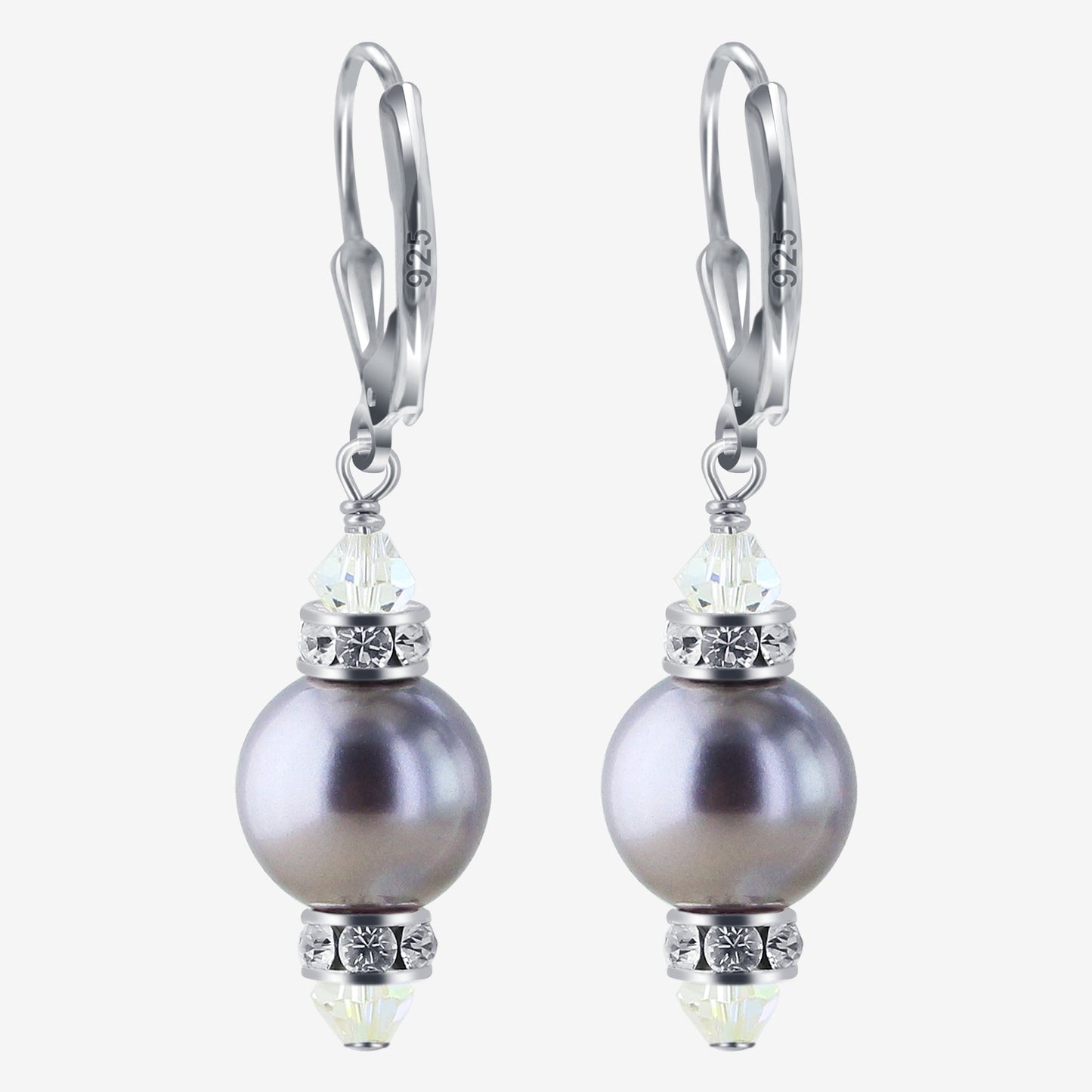 .925 Sterling Silver Drop Earrings with Faux Pearls Austrian Crystals