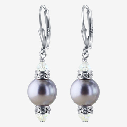 .925 Sterling Silver Drop Earrings with Faux Pearls Austrian Crystals