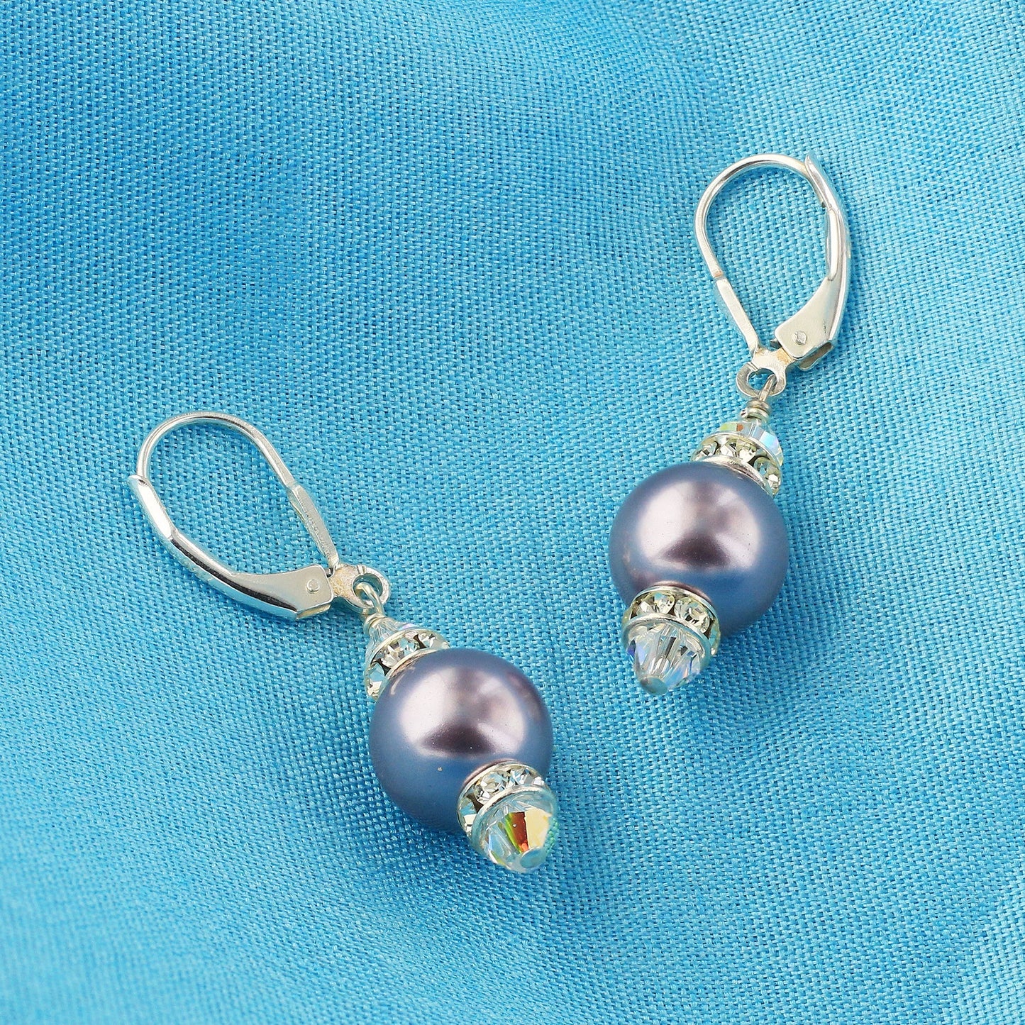 .925 Sterling Silver Drop Earrings with Faux Pearls Austrian Crystals