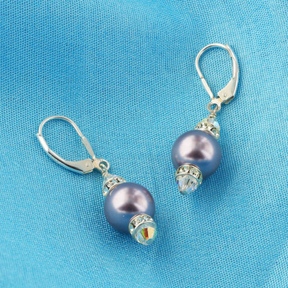 .925 Sterling Silver Drop Earrings with Faux Pearls Austrian Crystals