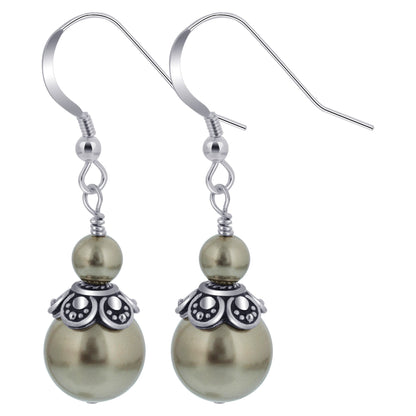 Brown Faux Pearl Austrian Crystals 925 Sterling Silver Drop Earrings - Gem Avenue