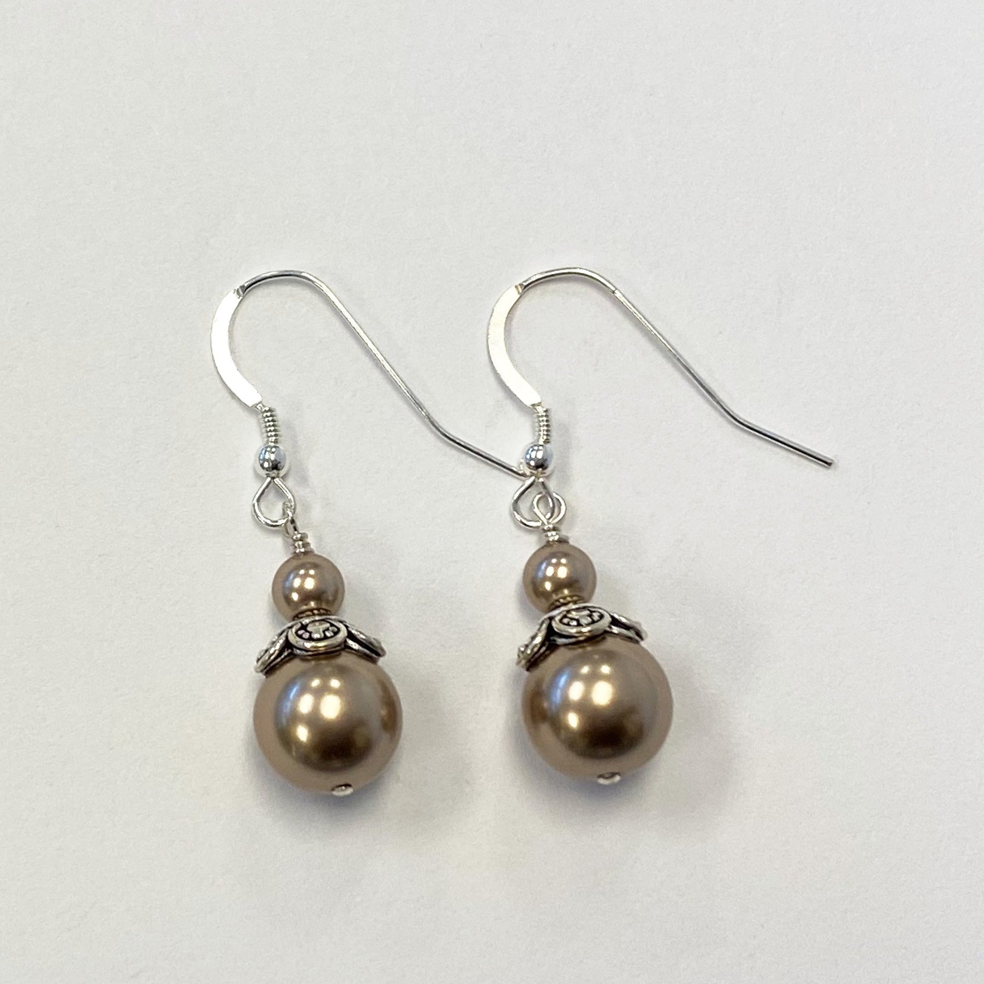 Brown Faux Pearl Austrian Crystals 925 Sterling Silver Drop Earrings - Gem Avenue