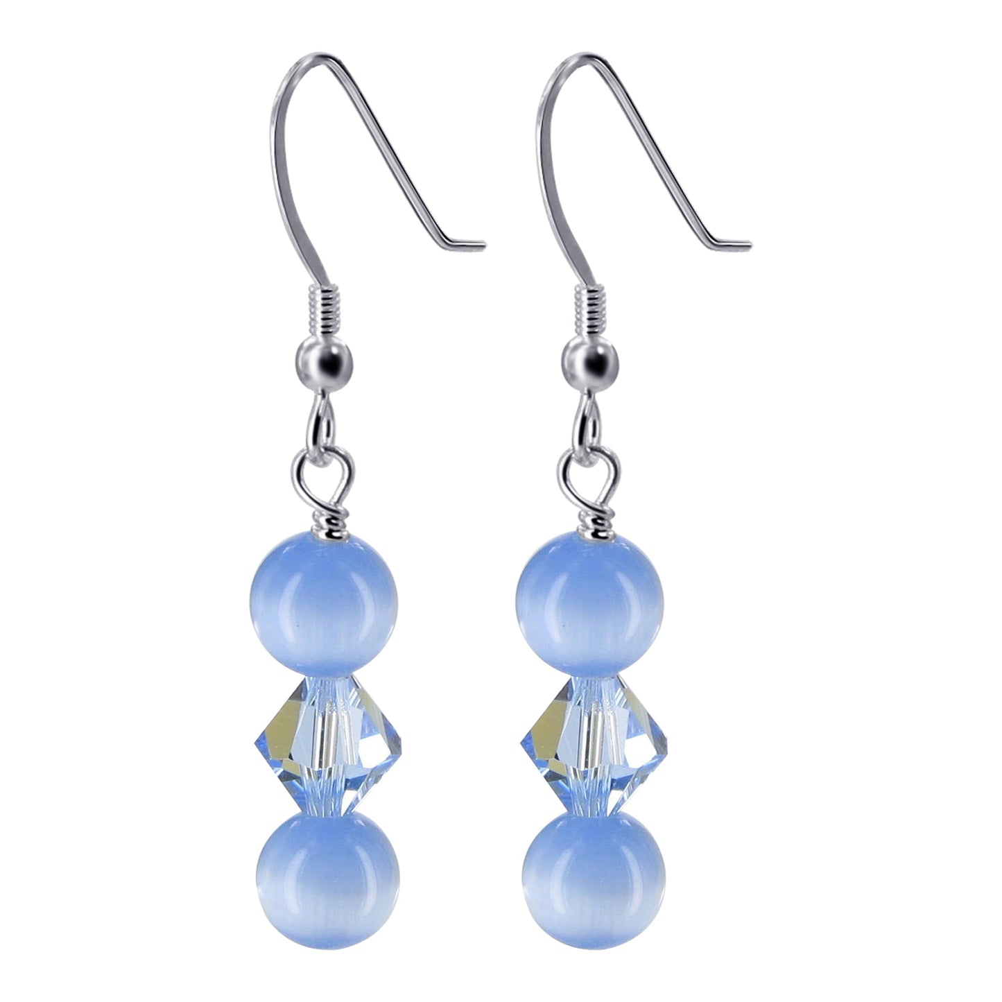 925 Sterling Silver Drop Earrings with Austrian Crystals & Cat's Eye Beads