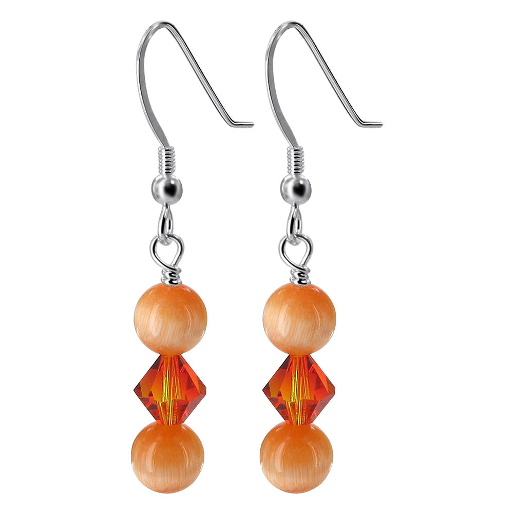925 Sterling Silver Drop Earrings with Austrian Crystals & Cat's Eye Beads