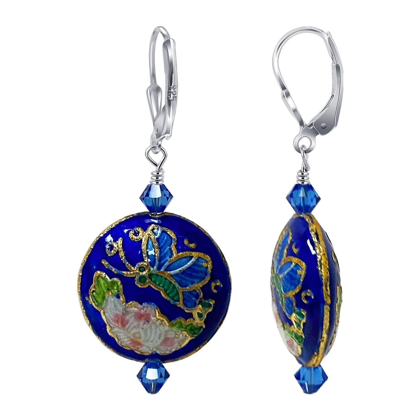 .925 Silver Drop Earrings with Floral Cloisonne Bead and Austrian Crystals