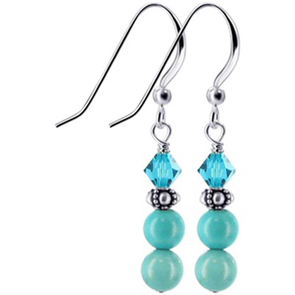 Turquoise Stone Blue Austrian Crystals 925 Sterling Silver Drop Earrings - Gem Avenue