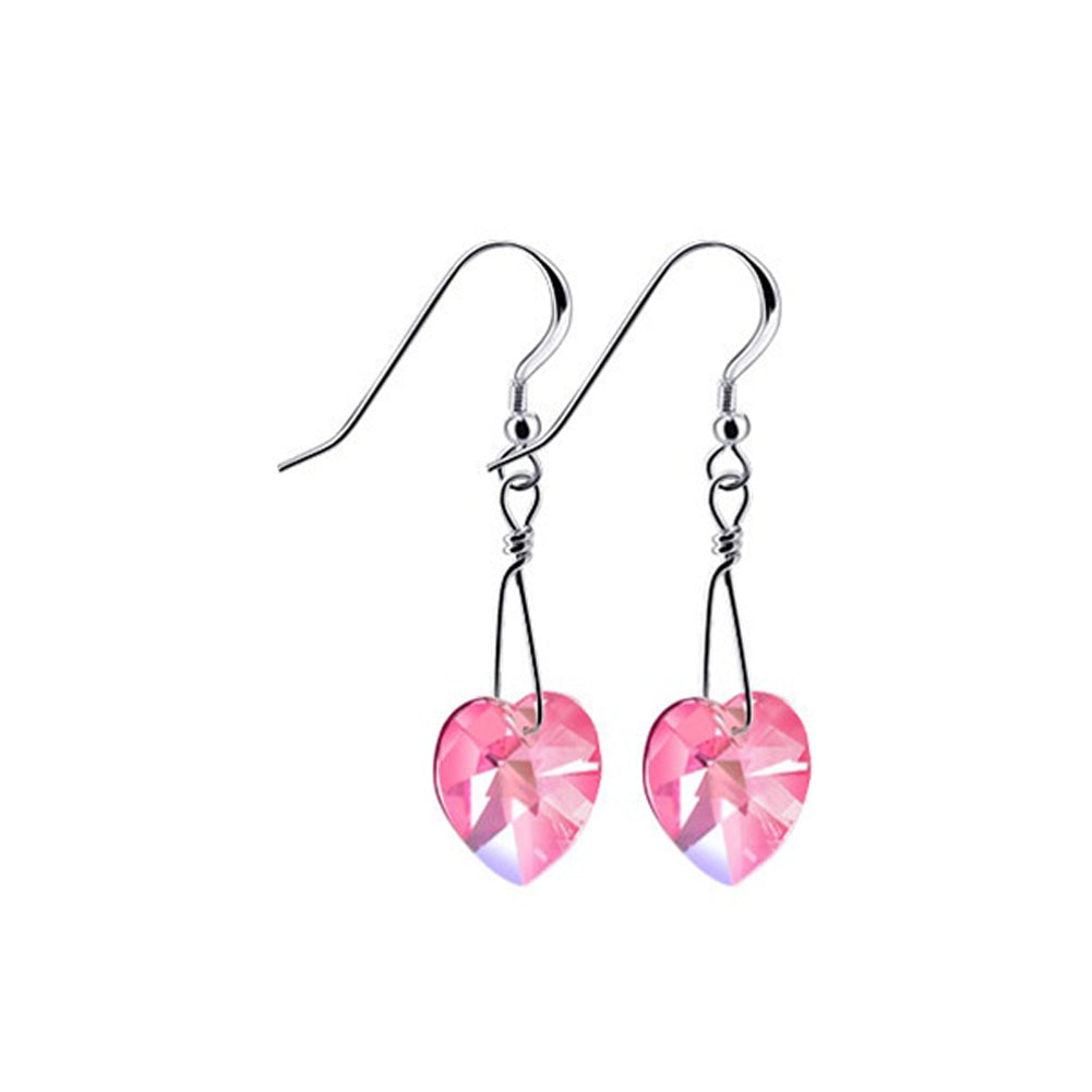 Handmade 925 Sterling Silver Drop Earrings with Heart Shaped Austrian Crystal