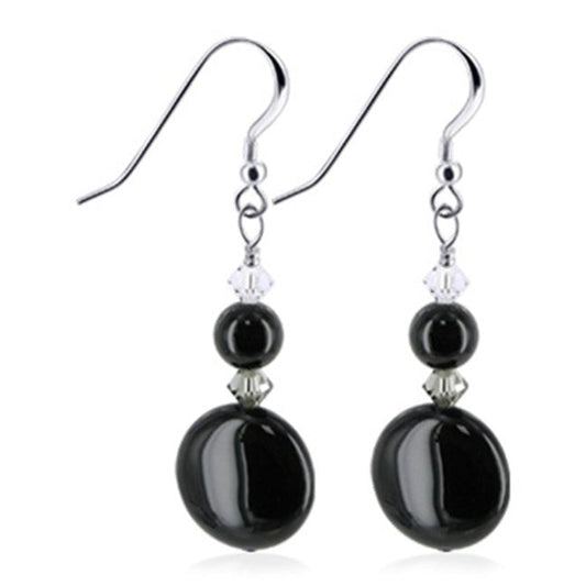 Black Onyx Austrian Crystals 925 Sterling Silver Handmade Drop Earrings - Gem Avenue