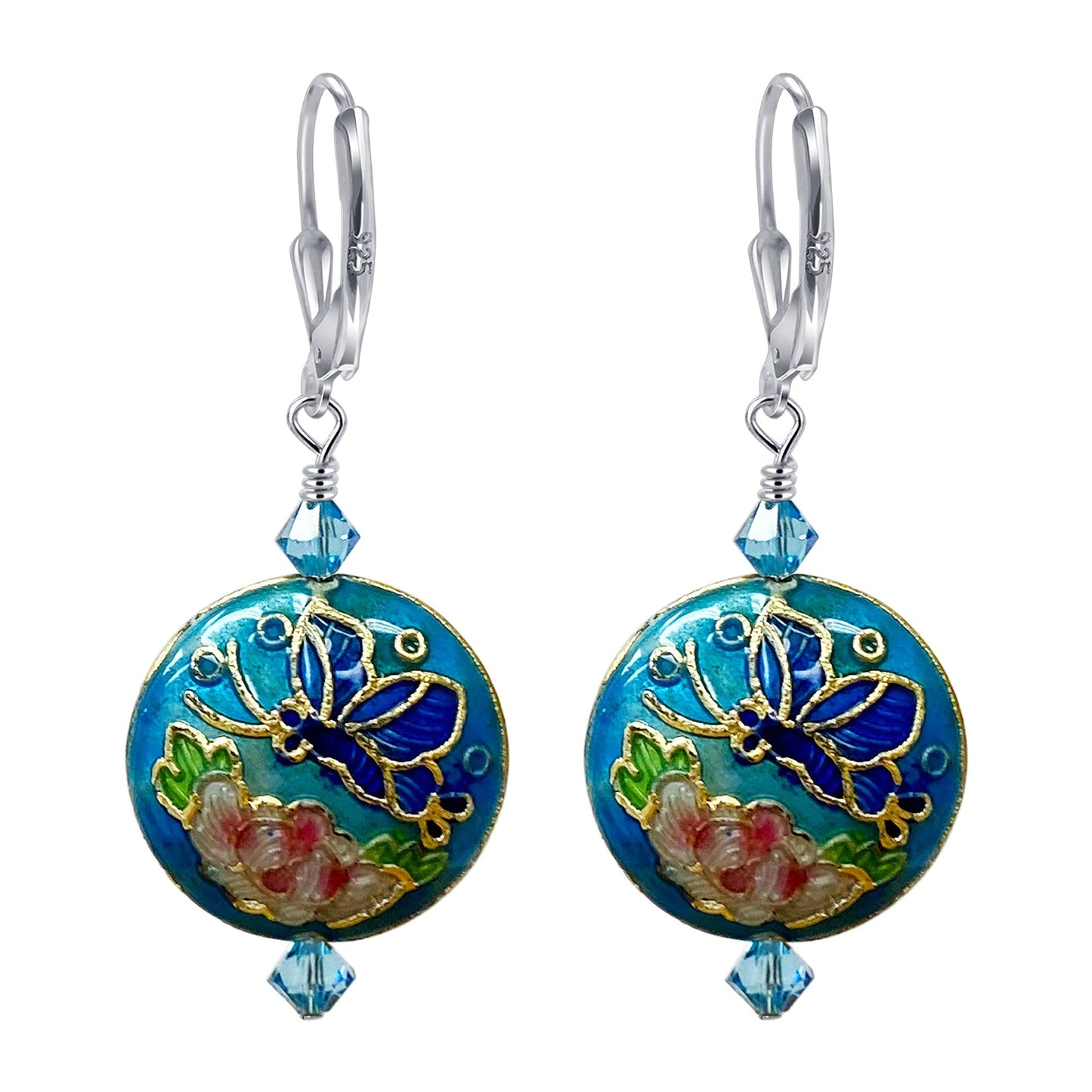 .925 Silver Drop Earrings with Floral Cloisonne Bead and Austrian Crystals