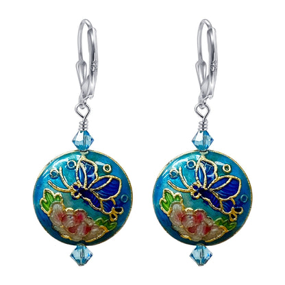 .925 Sterling Silver Drop Earrings with Floral Cloisonné Beads and Sparkling Austrian Crystals