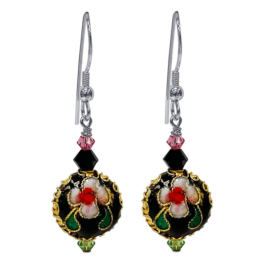Cloisonne Bead Austrian Crystals 925 Sterling Silver Handmade Drop Earrings - Gem Avenue