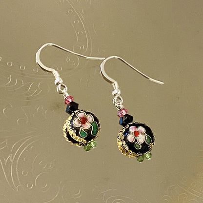 Cloisonne Bead Austrian Crystals 925 Sterling Silver Handmade Drop Earrings - Gem Avenue