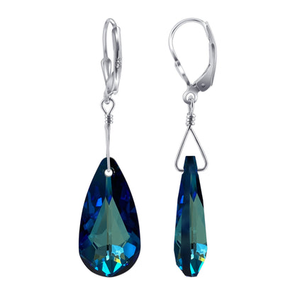 Handmade 925 Sterling Silver Leverback Drop Earrings with 24mm Teardrop Austrian Crystals