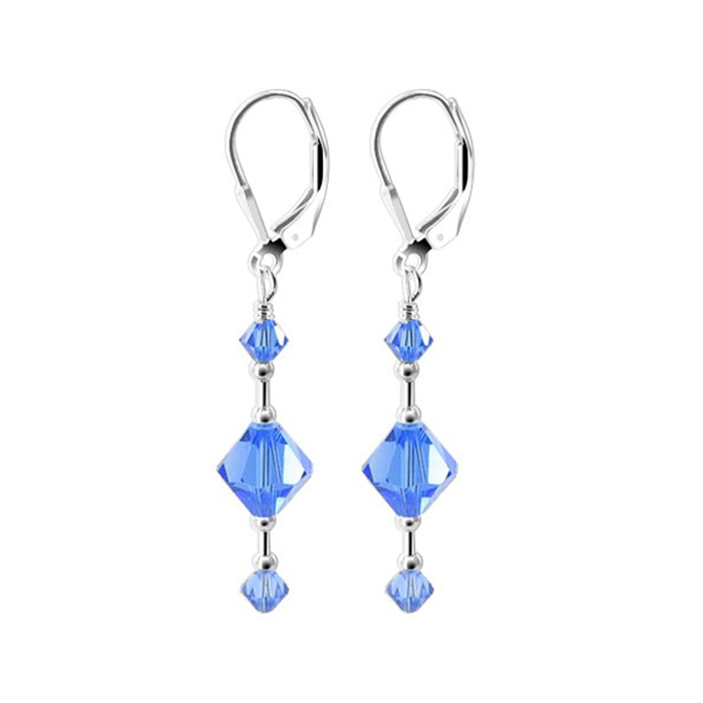 Handmade 925 Sterling Silver Leverback Dangle Earrings with 7mm and 3mm Bicone Austrian Crystals