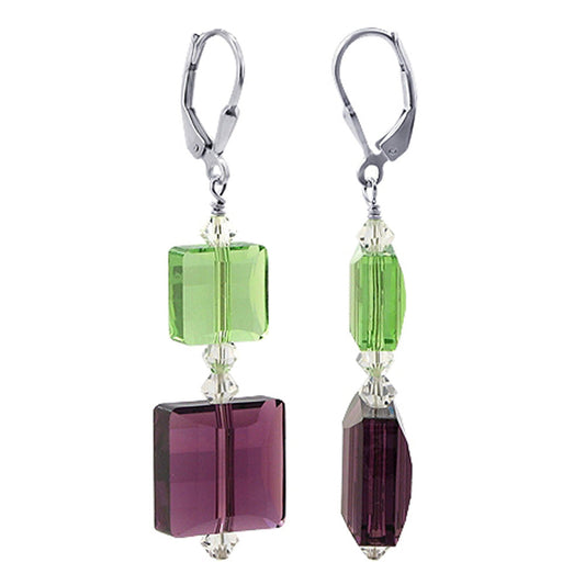 .925 Sterling Silver Drop Earrings with Square Multifaceted Austrian Crystals