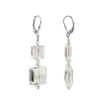 .925 Sterling Silver Drop Earrings with Square Multifaceted Austrian Crystals