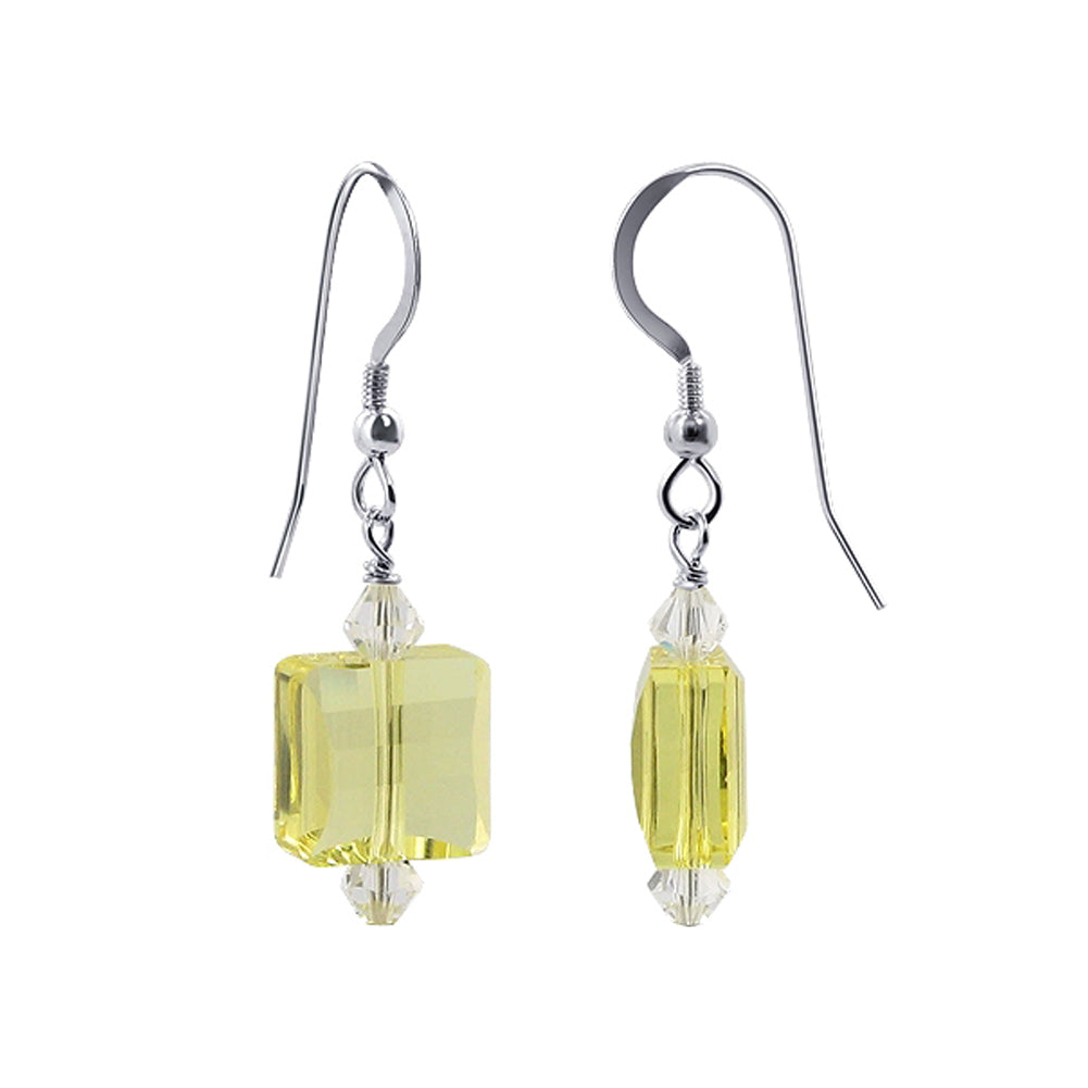 Handmade 925 Sterling Silver Drop Earrings with Square and Bicone Austrian Crystals