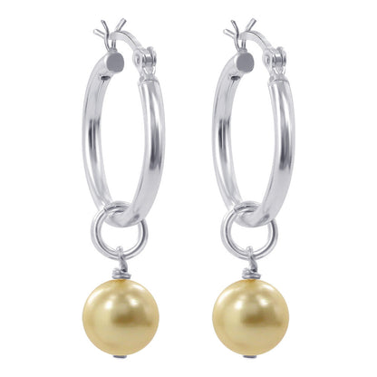 Yellow Faux Pearl 925 Sterling Silver Drop Hoop Earrings - Gem Avenue