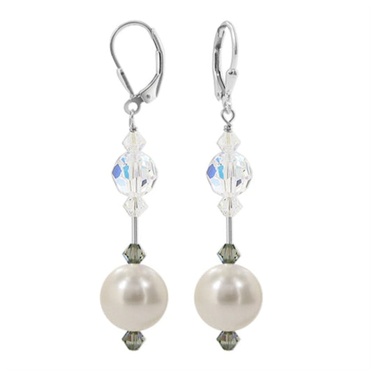 Faux Pearl Austrian Crystals 925 Sterling Silver Leverback Earrings - Gem Avenue