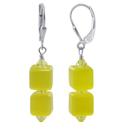 .925 Sterling Silver Drop Earrings with Cat's Eye Cube and Austrian Crystals