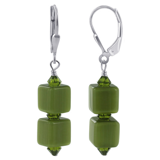 .925 Sterling Silver Drop Earrings with Cat's Eye Cube and Austrian Crystals