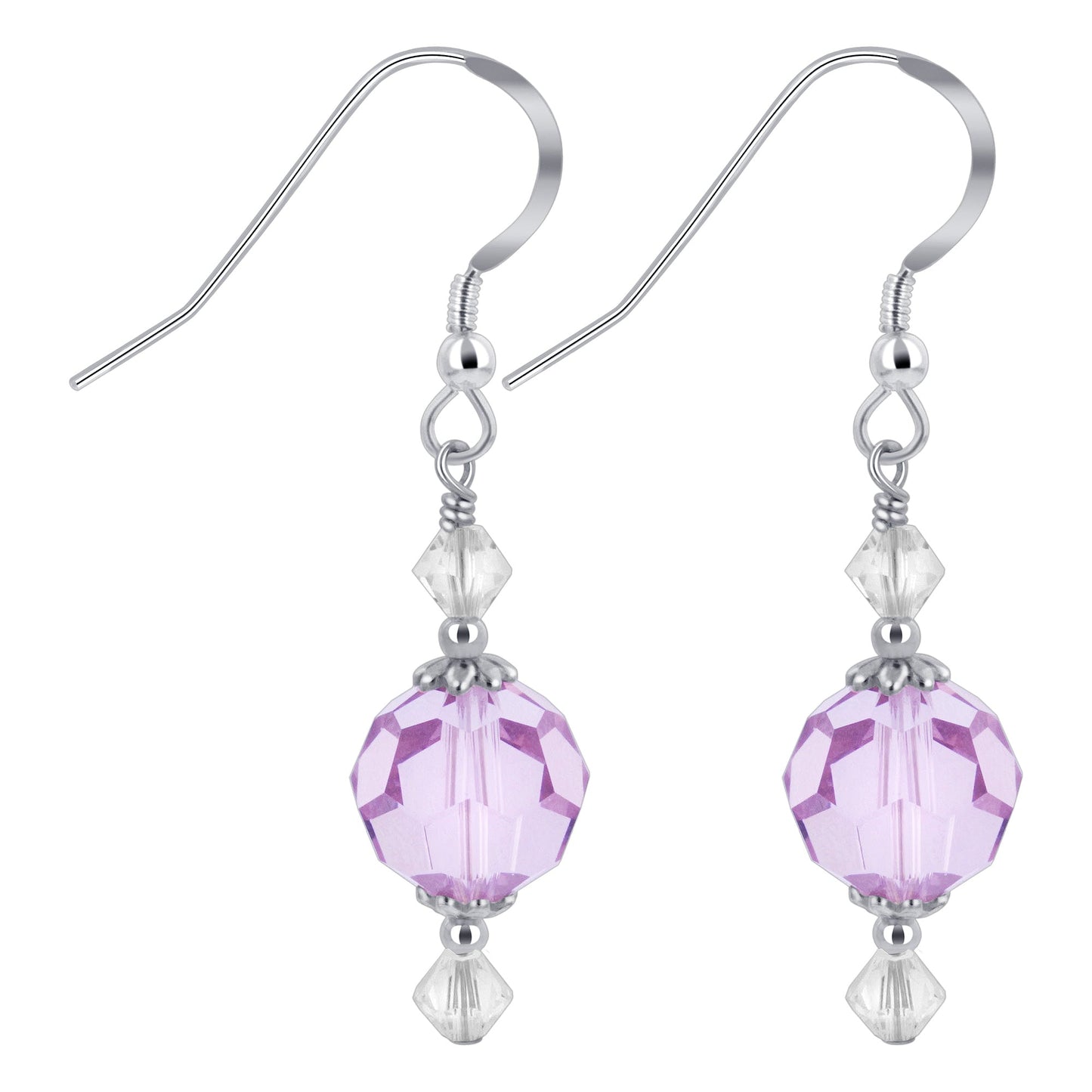 Handmade 925 Sterling Silver Drop Earrings with Round and Bicone Multifaceted Austrian Crystals