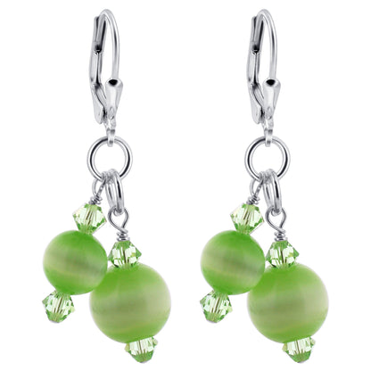 Green Cats Eye Austrian Crystals 925 Sterling Silver Leverback Earrings - Gem Avenue