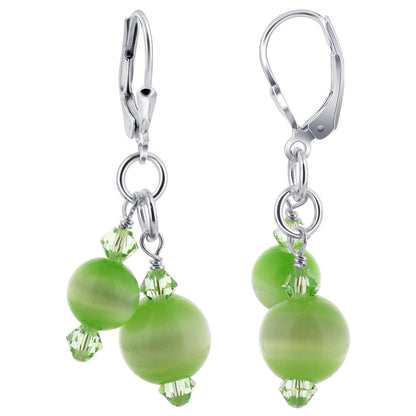 Green Cats Eye Austrian Crystals 925 Sterling Silver Leverback Earrings - Gem Avenue