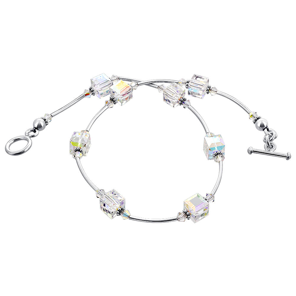 Aurora Borealis Cube Clear Austrian Crystals 925 Sterling Silver Necklace - Gem Avenue