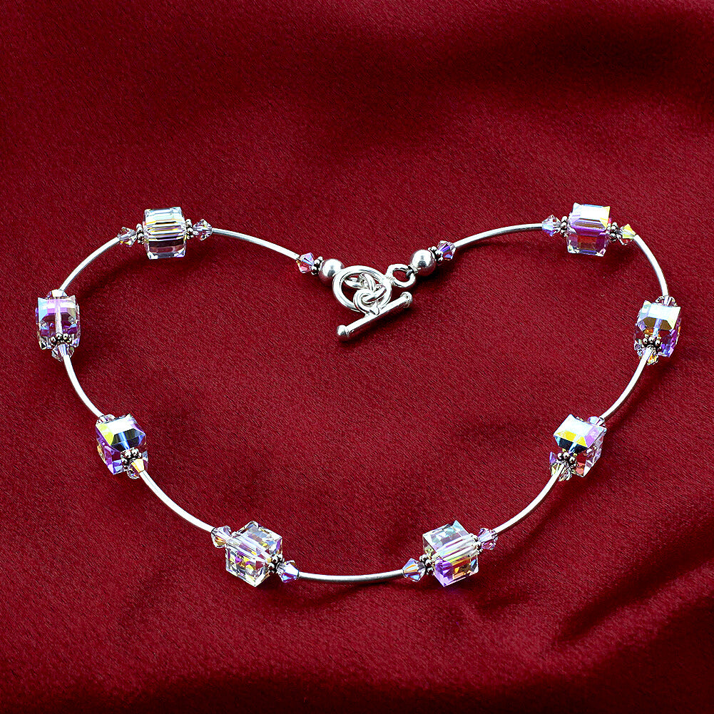 Aurora Borealis Cube Clear Austrian Crystals 925 Sterling Silver Necklace - Gem Avenue