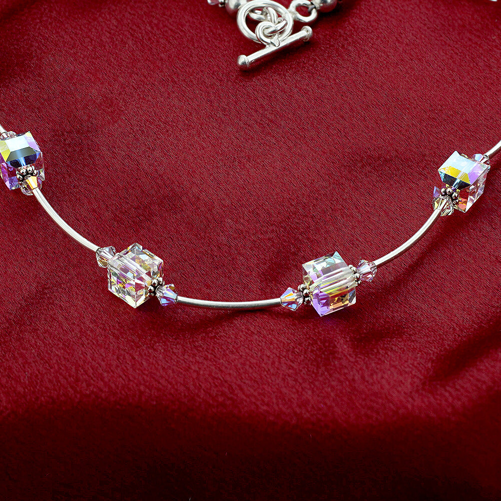 Aurora Borealis Cube Clear Austrian Crystals 925 Sterling Silver Necklace - Gem Avenue