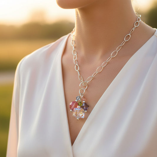 925 Sterling Silver Oval Chain Necklace with Multicolor Austrian Crystals Sparkling Jewelry Gift