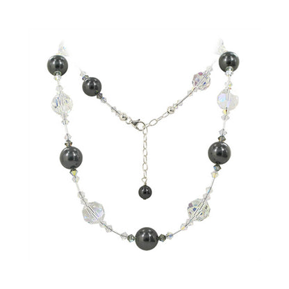 Black Simulated Pearl & Austrian Crystals 925 Sterling Silver Necklace - Gem Avenue