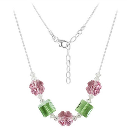 Rose and Green Austrian Crystals 925 Sterling Silver Necklace - Gem Avenue