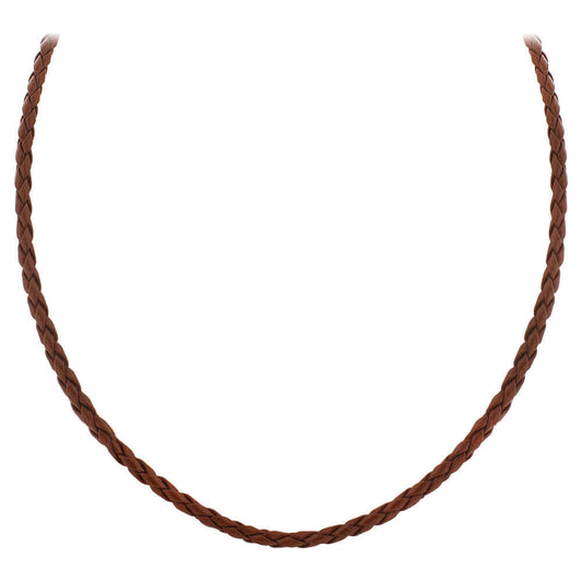Brown Braided Leather Cord 925 Sterling Silver Necklace - Gem Avenue