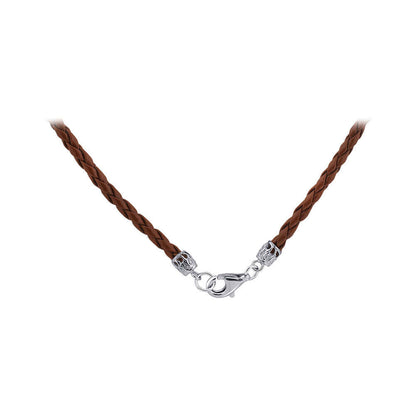 Brown Braided Leather Cord 925 Sterling Silver Necklace - Gem Avenue